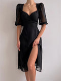 Chic Puff-sleeve Sweetheart Lace-trim High-slit Midi Prom Dress