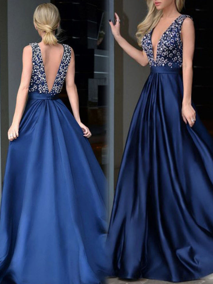Dazzling Beaded A-Line V-Neck Sleeveless Open-Back Floor-Length Evening Gown