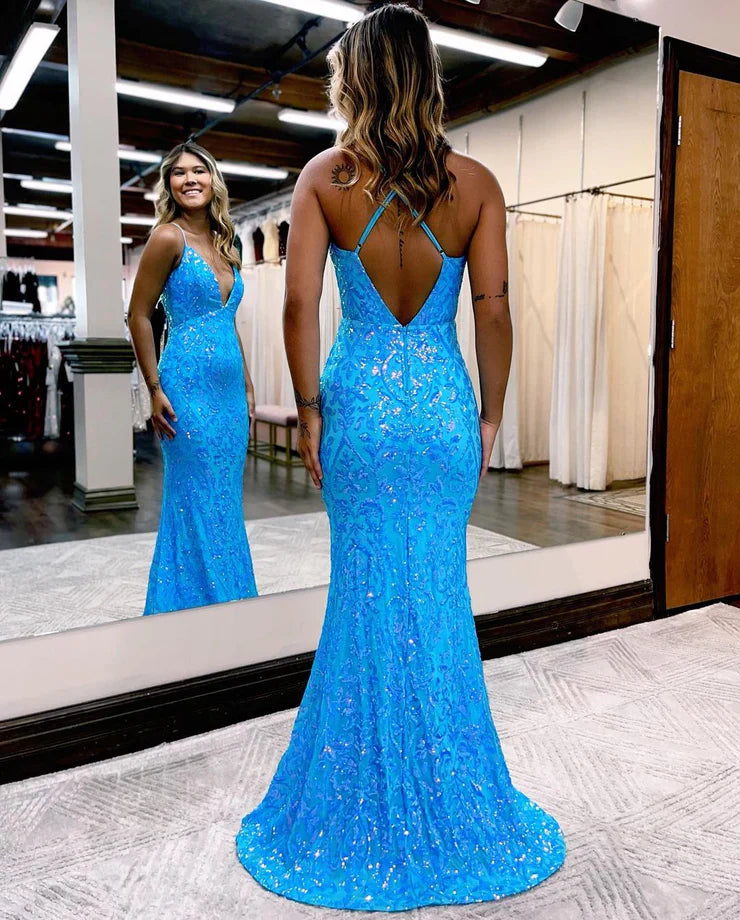 Dazzling Sequin Deep-V Cross-back Mermaid Train Floor-length Prom Dress