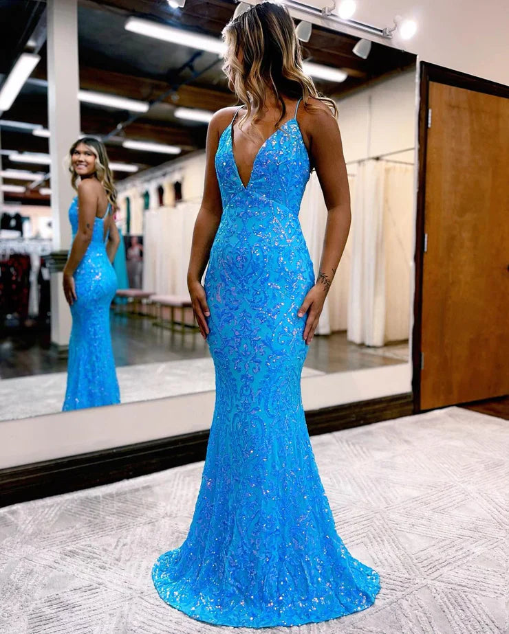 Dazzling Sequin Deep-V Cross-back Mermaid Train Floor-length Prom Dress