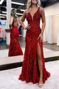 V Back   Dazzling Sequin Mermaid V-Neck Sleeveless Open-Back High-Slit Floor-Length Prom Gown