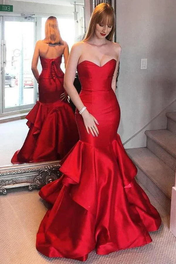 Dramatic Red Satin Mermaid Sweetheart Strapless Lace-Up-Back Ruffled Floor-Length Prom Gown
