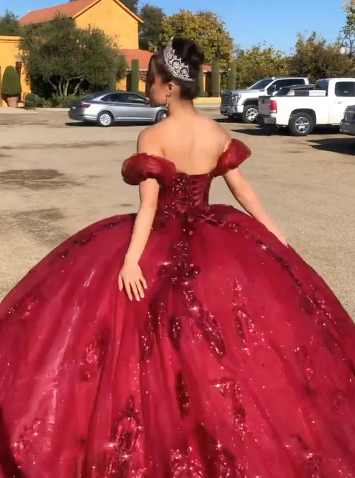 Dramatic Sequin Ballgown Sweetheart Off-the-Shoulder Puff-Sleeve Lace-Up-Back Floor-Length Quinceañera Gown