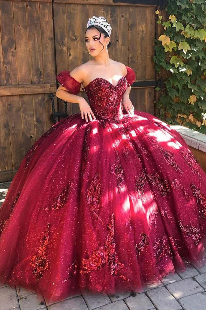 Dramatic Sequin Ballgown Sweetheart Off-the-Shoulder Puff-Sleeve Lace-Up-Back Floor-Length Quinceañera Gown
