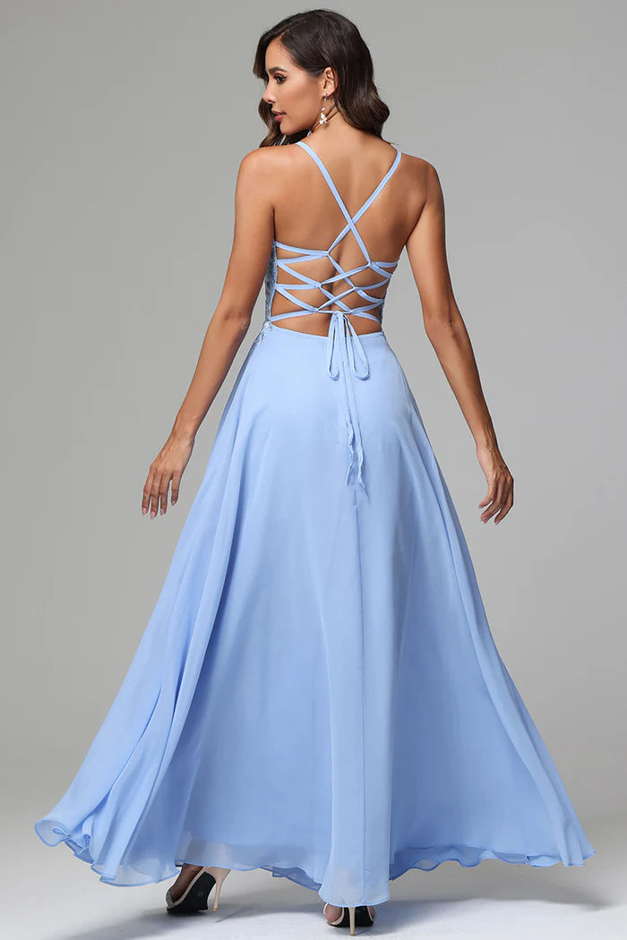 Backless Elegant A-Line Halter Sleeveless Lace Appliqué Sky Blue Long Prom Dress For Women Custom