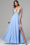 Backless Elegant A-Line Halter Sleeveless Lace Appliqué Sky Blue Long Prom Dress For Women Custom
