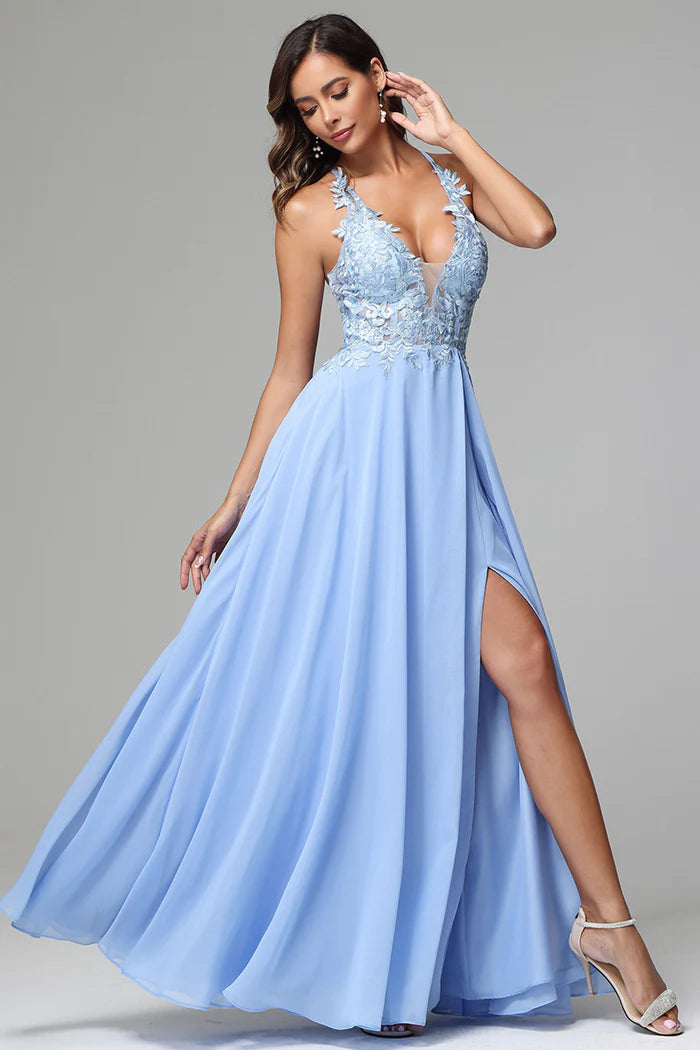Backless Elegant A-Line Halter Sleeveless Lace Appliqué Sky Blue Long Prom Dress For Women Custom