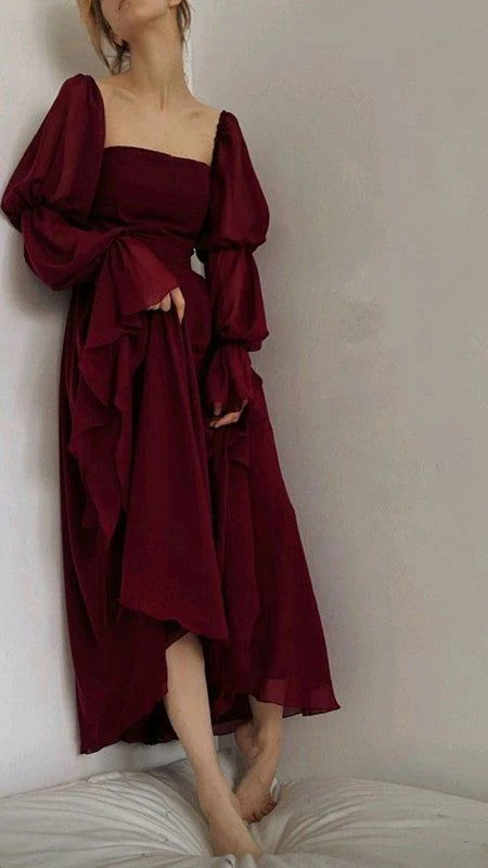 Elegant Burgundy Square Neck Puff Sleeve Open Back Bow Midi Prom Dress