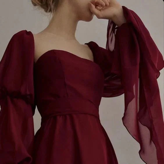 Elegant Burgundy Square Neck Puff Sleeve Open Back Bow Midi Prom Dress