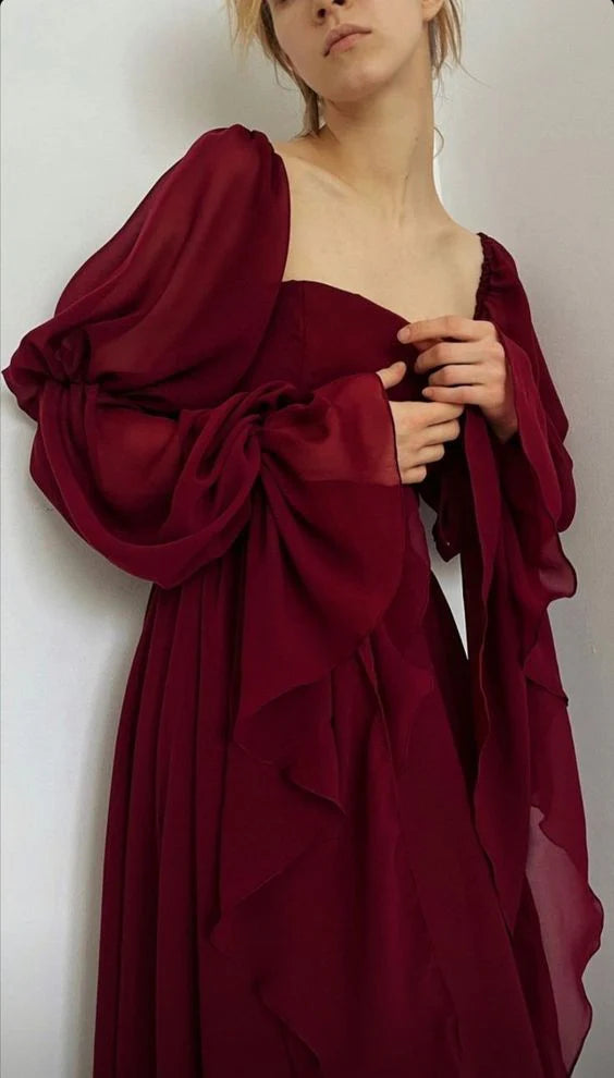 Elegant Burgundy Square Neck Puff Sleeve Open Back Bow Midi Prom Dress