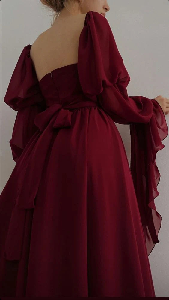 Elegant Burgundy Square Neck Puff Sleeve Open Back Bow Midi Prom Dress