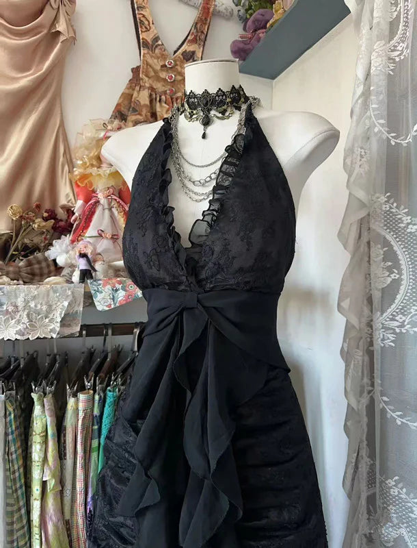 Elegant Lace Halter-neck Ruffled Bow-waist Floor-length Prom Dress