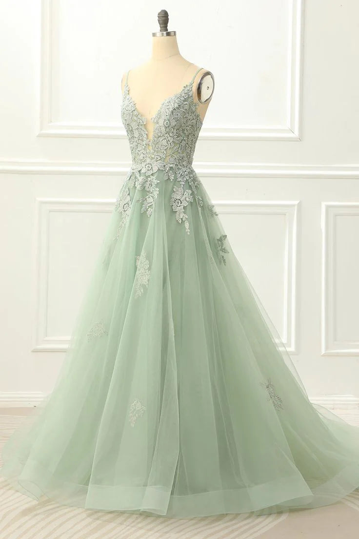Elegant Lace V-neck Spaghetti-strap Crisscross-back Floor-length Prom Dress