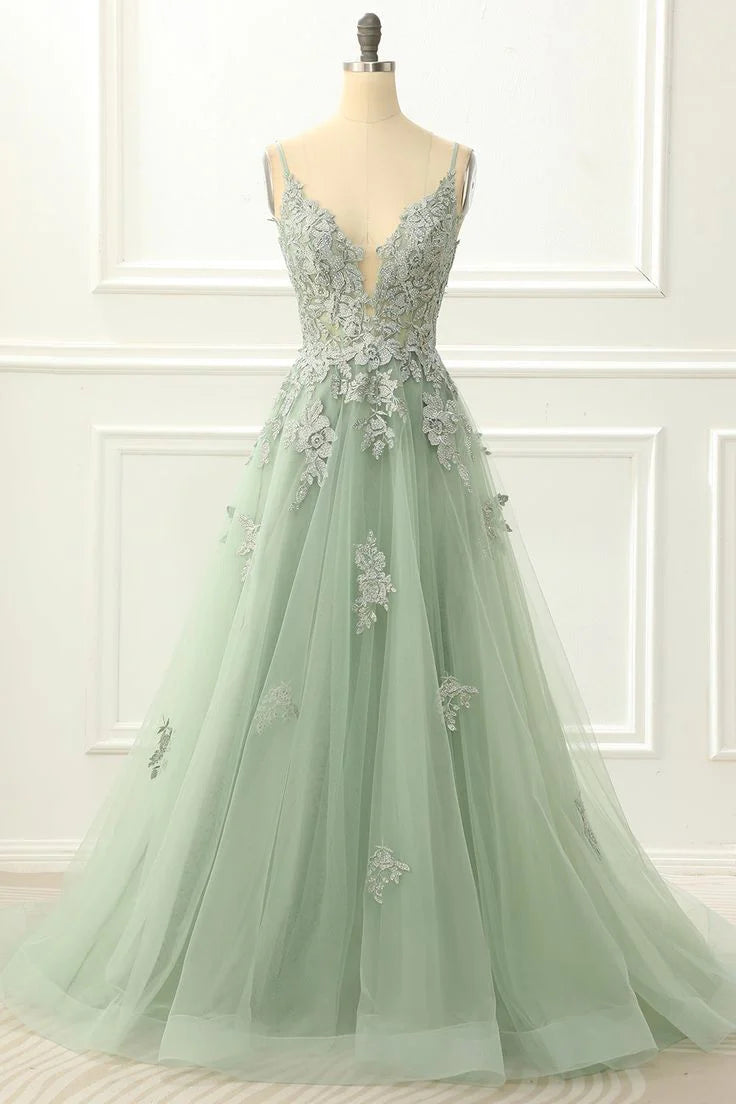 Elegant Lace V-neck Spaghetti-strap Crisscross-back Floor-length Prom Dress