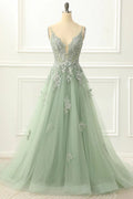 Elegant Lace V-neck Spaghetti-strap Crisscross-back Floor-length Prom Dress