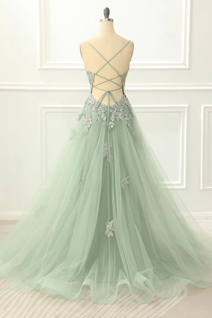 Elegant Lace V-neck Spaghetti-strap Crisscross-back Floor-length Prom Dress