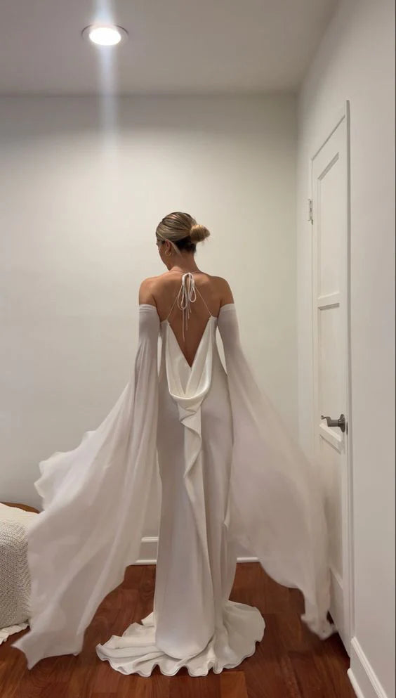 Elegant Off-the-shoulder Cape-sleeve Satin Lace-up-back Floor-length Prom Dress