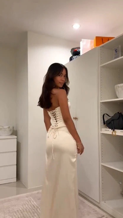 Elegant Ruched Sweetheart Strapless Lace-up-back High-slit Floor-length Prom Dress