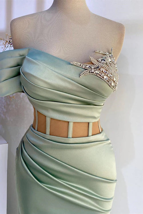 Elegant Satin Mermaid One-Shoulder Crystal-Star-Appliqué Cutout-Waist Floor-Length Evening Gown