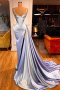 Elegant Satin Mermaid Sweetheart Spaghetti-Strap Corset-Bodice High-Slit Overskirt-Train Floor-Length Evening Gown