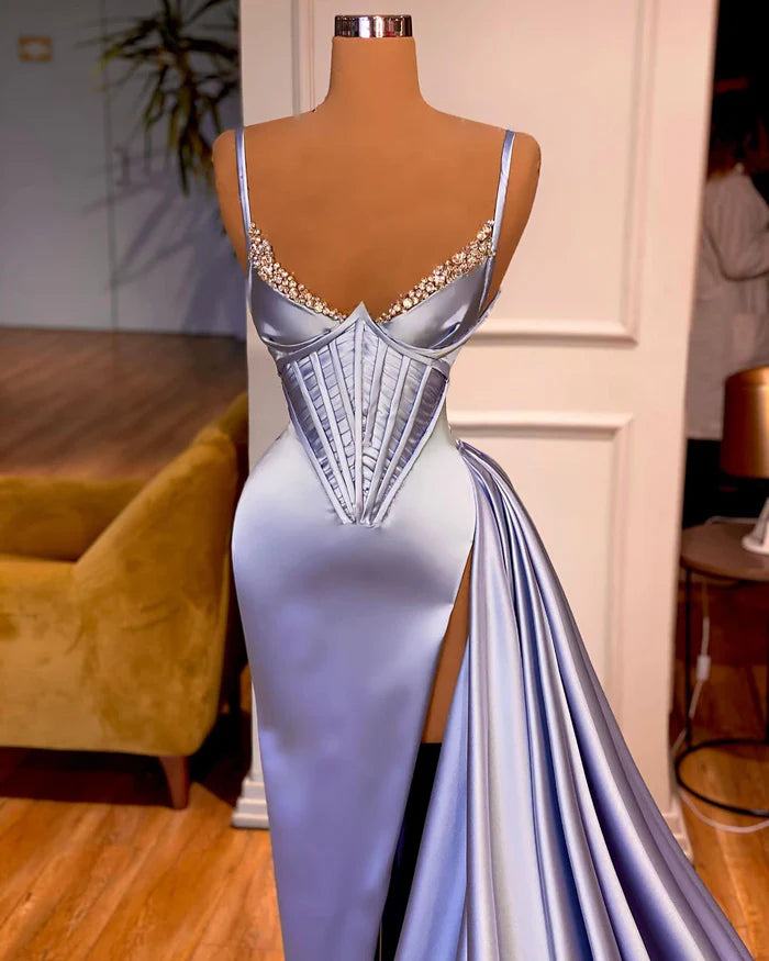 Elegant Satin Mermaid Sweetheart Spaghetti-Strap Corset-Bodice High-Slit Overskirt-Train Floor-Length Evening Gown