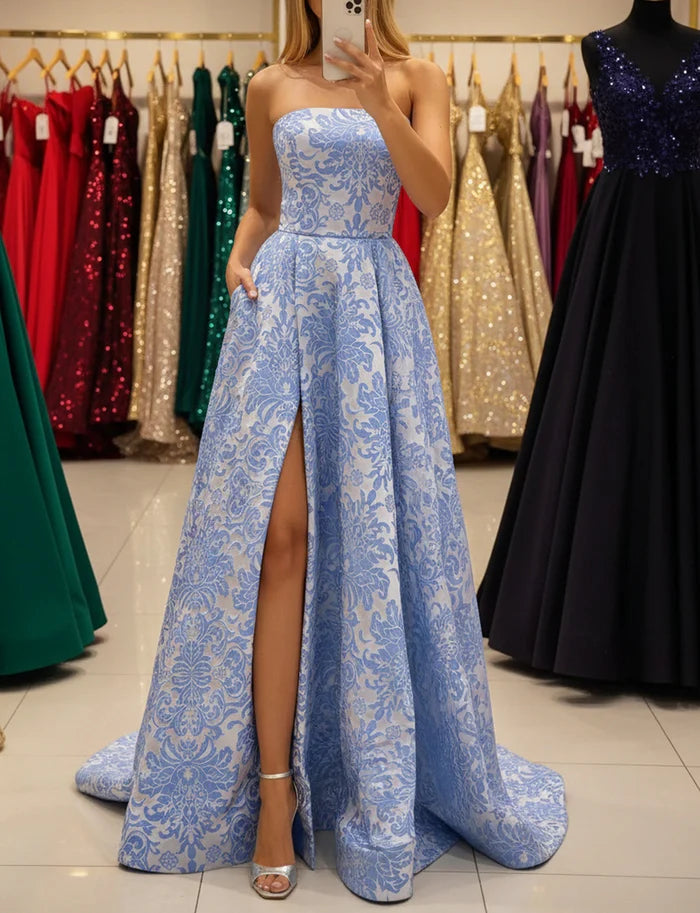 Elegant Strapless Sweetheart Damask-Jacquard High-Slit Lace-Up Back Sweeping-Train Ballgown