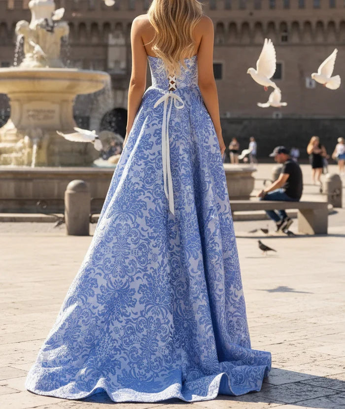Elegant Strapless Sweetheart Damask-Jacquard High-Slit Lace-Up Back Sweeping-Train Ballgown