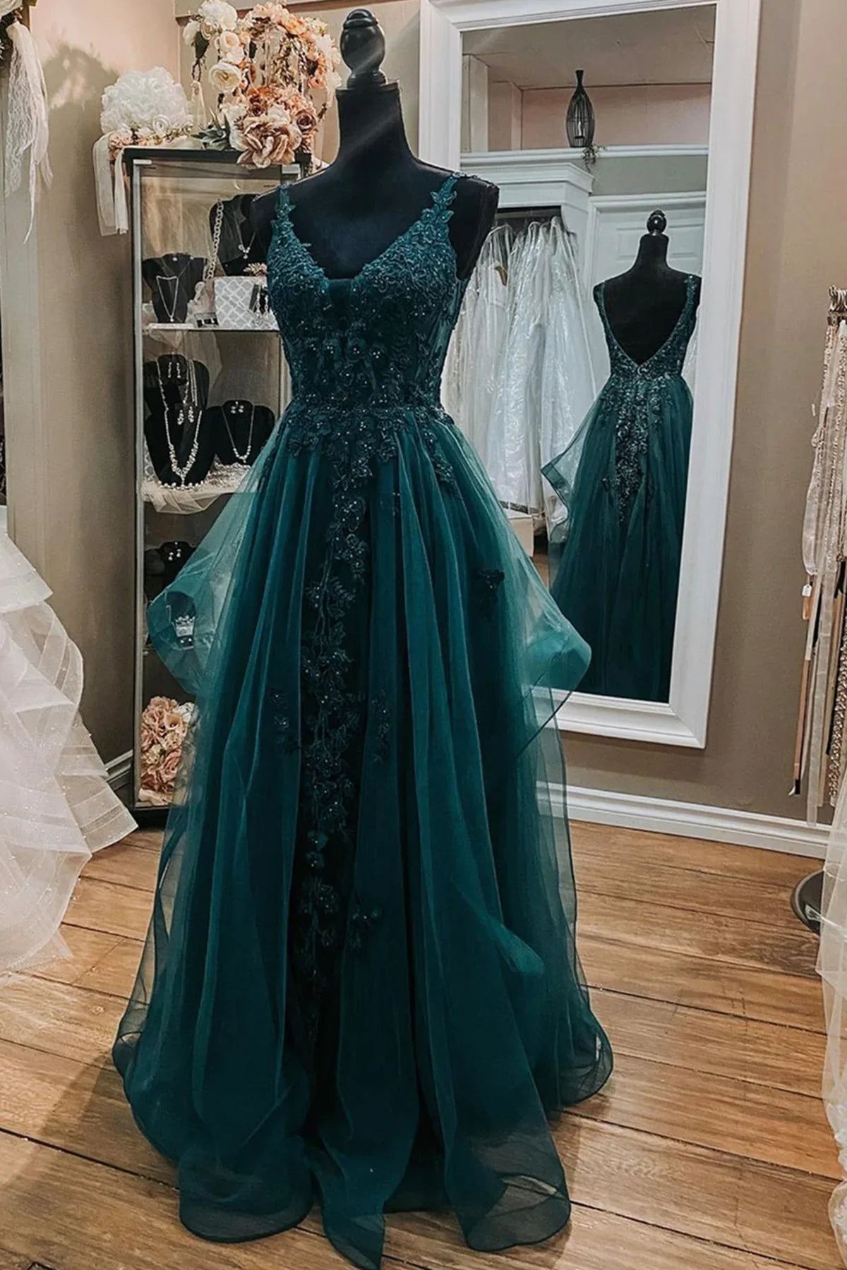 Embroidered Spaghetti Strap V-Neck Tulle Ballgown Prom Dress