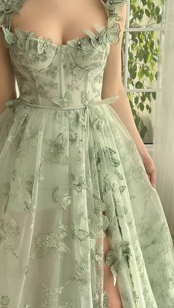 Enchanted Butterfly-Embroidered Sweetheart Spaghetti-strap High-slit Floor-length Prom Dress