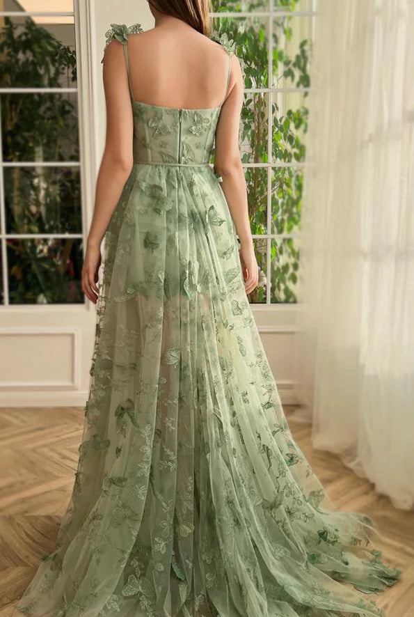 Enchanted Butterfly-Embroidered Sweetheart Spaghetti-strap High-slit Floor-length Prom Dress