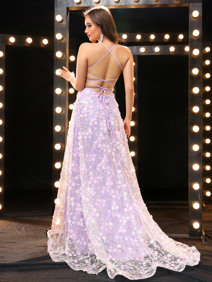 Enchanting 3D Floral A-Line Square-Neck Spaghetti-Strap Crisscross-Back Floor-Length Prom Dress for Women
