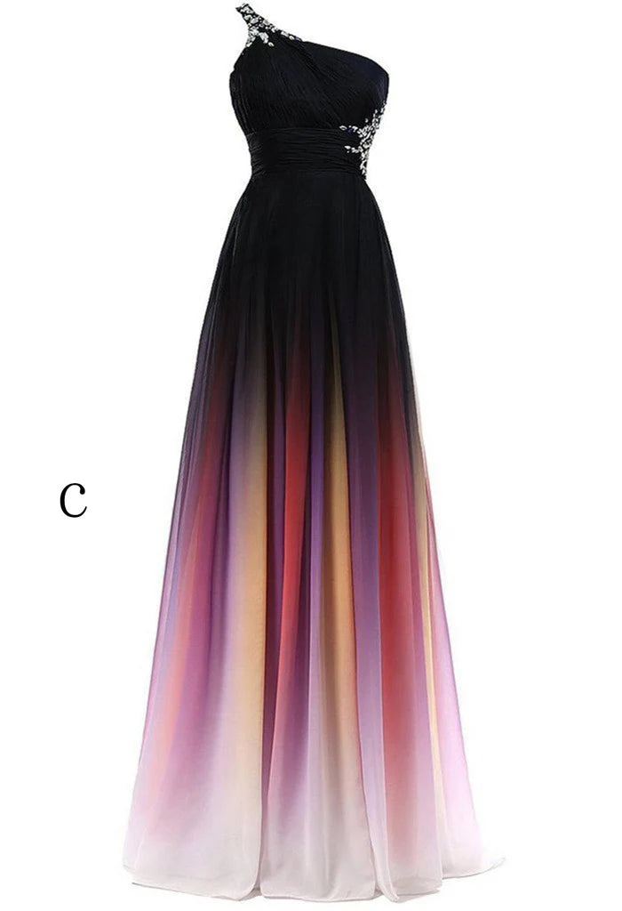 Enchanting Ombre A-Line One-Shoulder Sleeveless Multi-Strap-Back Floor-Length Prom Gown