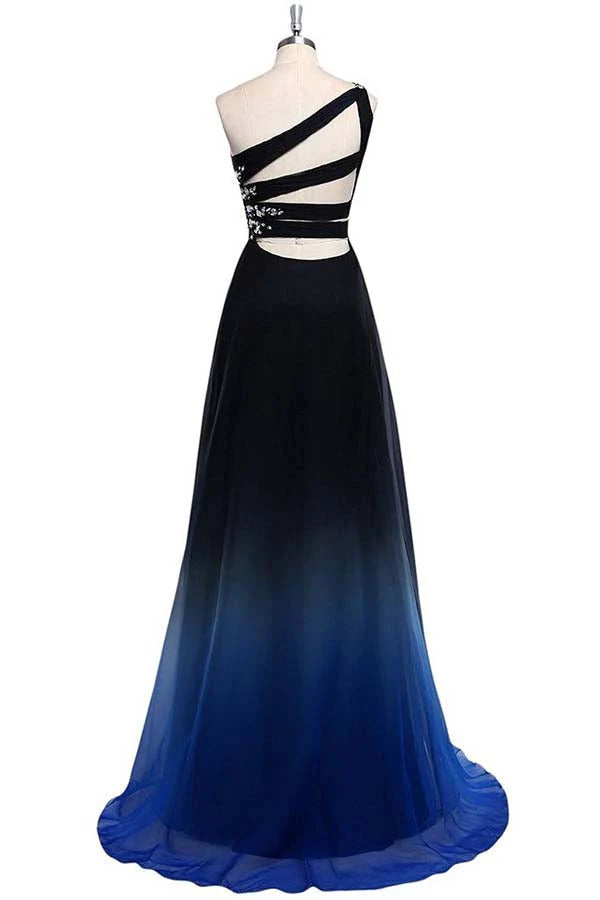 Enchanting Ombre A-Line One-Shoulder Sleeveless Multi-Strap-Back Floor-Length Prom Gown