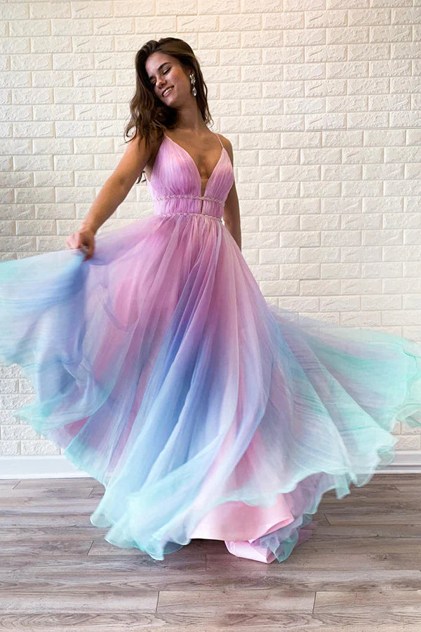 Enchanting Ombre A-Line V-Neck Spaghetti-Strap Open-Back Floor-Length Prom Gown