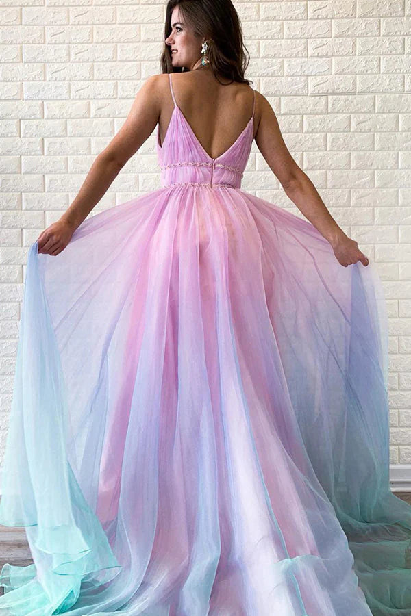 Enchanting Ombre A-Line V-Neck Spaghetti-Strap Open-Back Floor-Length Prom Gown