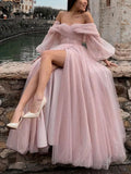 Enchanting Tulle Ballgown Off-the-Shoulder Sweetheart Neck Puff-Sleeve Glitter-Tulle High-Slit Floor-Length Prom Gown