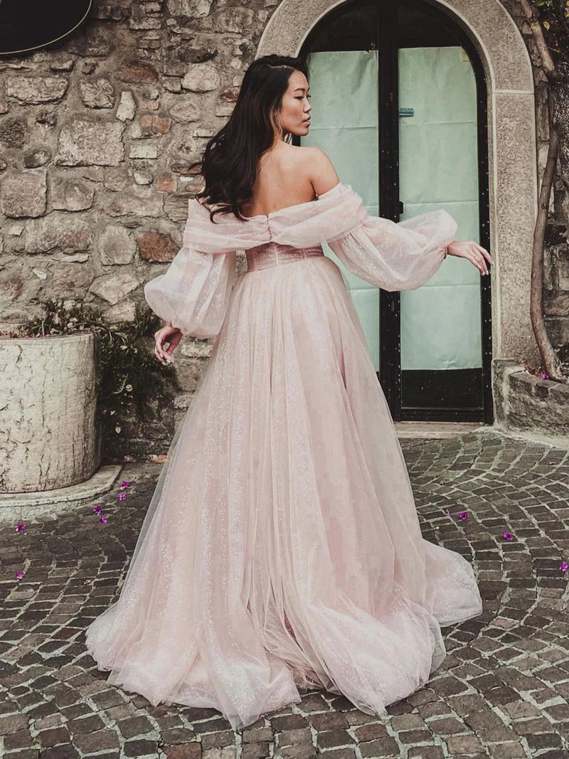 Enchanting Tulle Ballgown Off-the-Shoulder Sweetheart Neck Puff-Sleeve Glitter-Tulle High-Slit Floor-Length Prom Gown