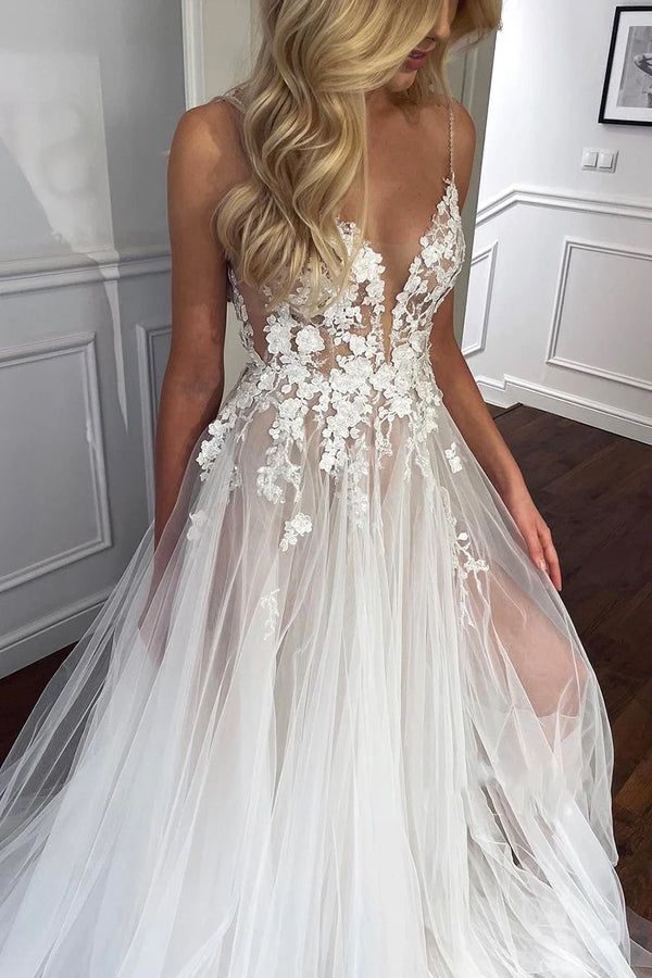 Ethereal 3D Floral Lace Sweetheart Spaghetti-strap High-slit Floor-length Prom Dress