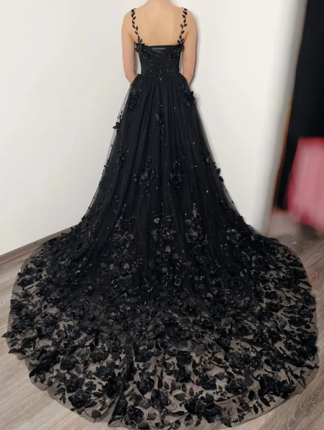 Ethereal 3D Floral Sweetheart Spaghetti-strap Train Ballgown Prom Dress