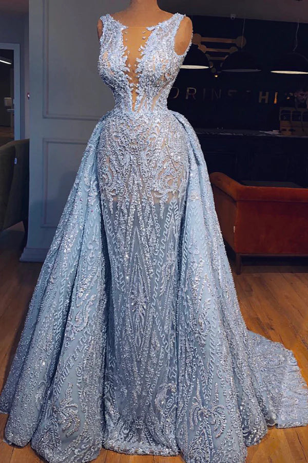 Ethereal Beaded Mermaid V-Neck Sleeveless Illusion-Back Floor-Length Evening Gown
