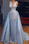 Ethereal Beaded Mermaid V-Neck Sleeveless Illusion-Back Floor-Length Evening Gown