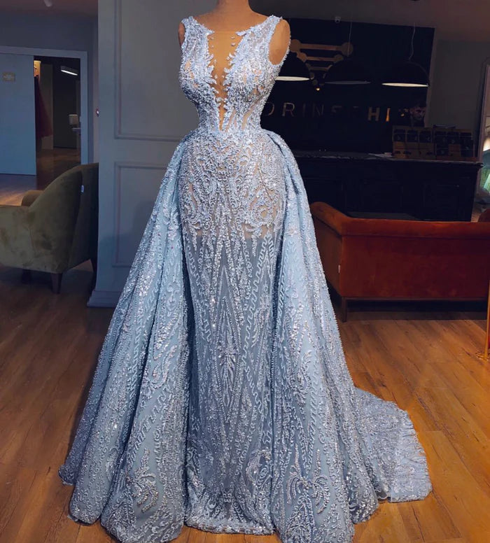 Ethereal Beaded Mermaid V-Neck Sleeveless Illusion-Back Floor-Length Evening Gown
