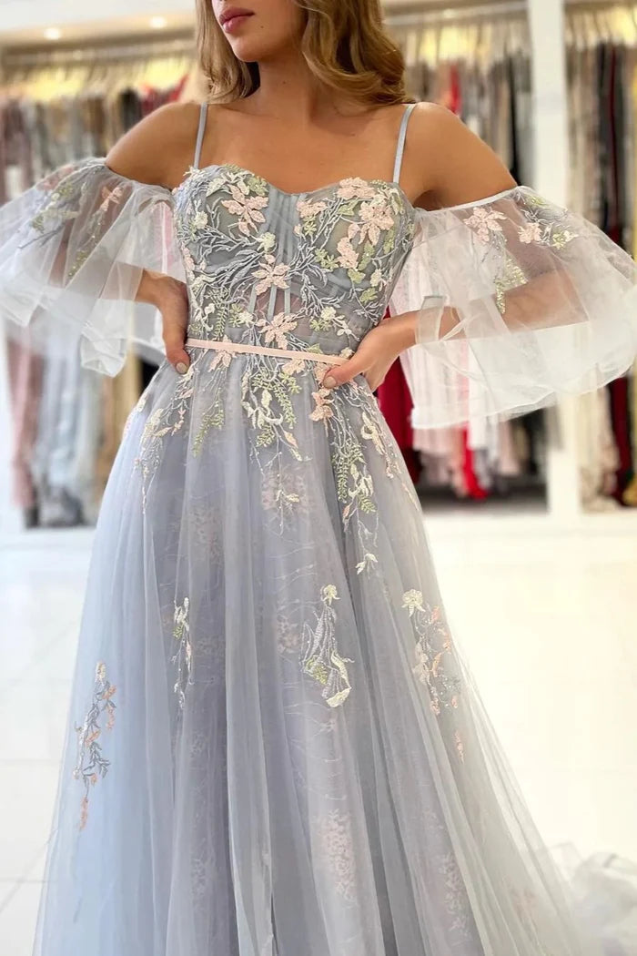 Ethereal Floral Embroidered A-Line Cold-Shoulder Sweetheart Spaghetti-Strap Floor-Length Prom Dress for Women