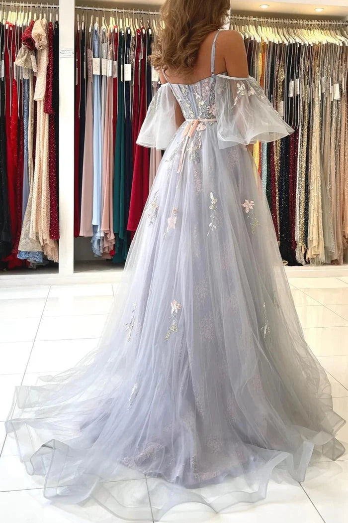 Ethereal Floral Embroidered A-Line Cold-Shoulder Sweetheart Spaghetti-Strap Floor-Length Prom Dress for Women