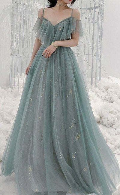 Ethereal Glitter Tulle A-Line Sweetheart Off-the-Shoulder Ruffle-Sleeve Lace-Up-Back Floor-Length Evening Gown