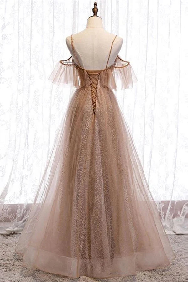 Ethereal Glitter Tulle A-Line Sweetheart Off-the-Shoulder Ruffle-Sleeve Lace-Up-Back Floor-Length Prom Gown