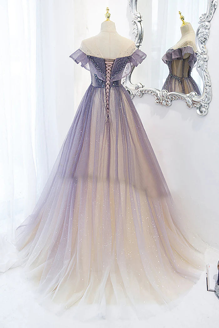 Ethereal Ombré Tulle A-Line Off-the-Shoulder Sweetheart Ruffle-Sleeve Lace-Up-Back Floor-Length Prom Gown