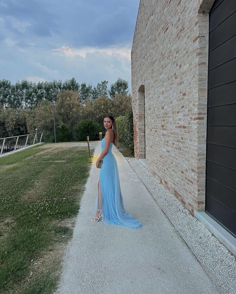 Ethereal Ruched Strapless Sheer-Panel High-Slit Train Prom Dress