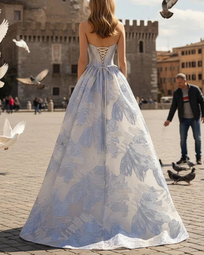 Ethereal Strapless Sweetheart Floral-Jacquard Corset High-Slit Lace-Up Back Sweeping-Train Ballgown