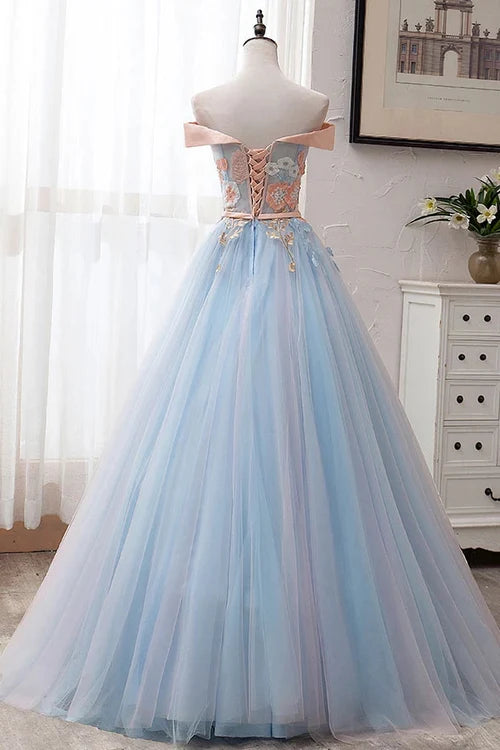 Fairy-Tale Floral-Embroidered Ballgown Off-the-Shoulder Sleeveless Lace-Up-Back Floor-Length Prom Gown